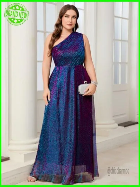 Plus Size Formal One Shoulder Maxi Dress Sparkly Sleeveless A-Line Prom Gown - Picture 3 of 7